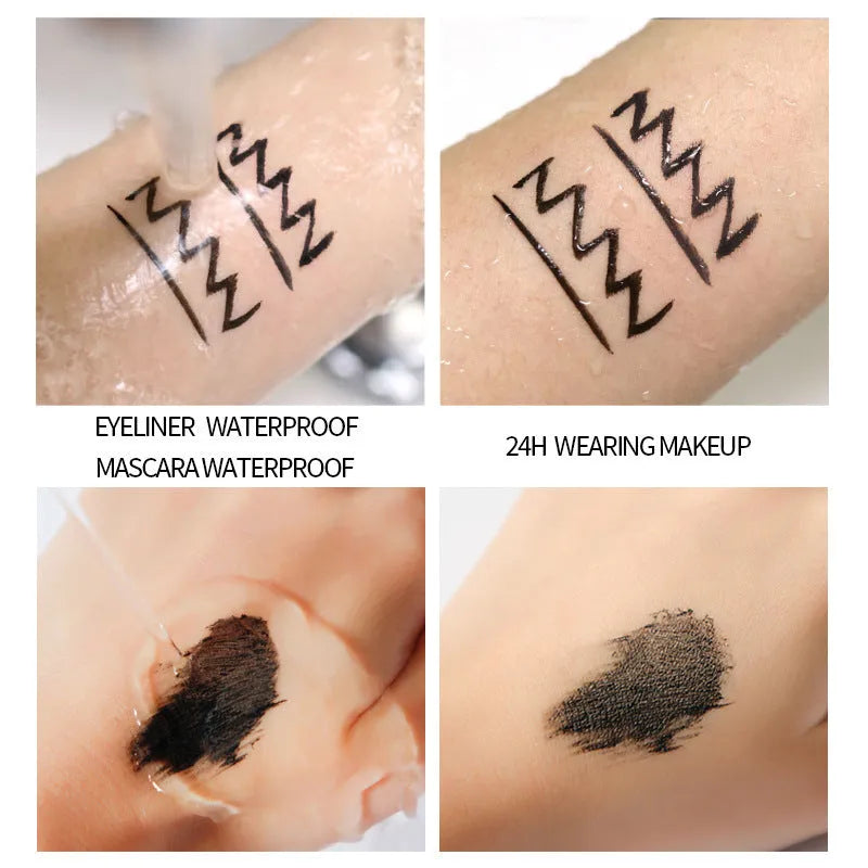 Eyeliner and mascara combo set in black, available in red, blue, or purple suit options
