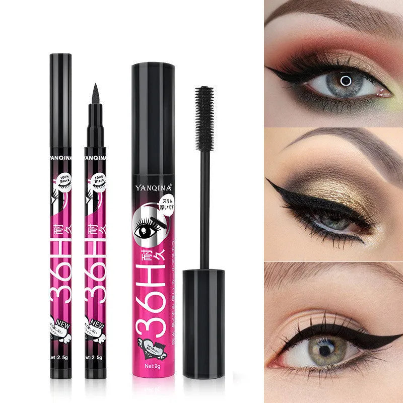 Eyeliner and mascara combo set in black, available in red, blue, or purple suit options