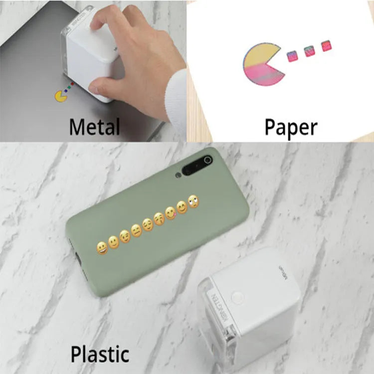 White Mbrush portable colour handheld inkjet printer on a surface with its compact dimensions 72x51x68mm visible