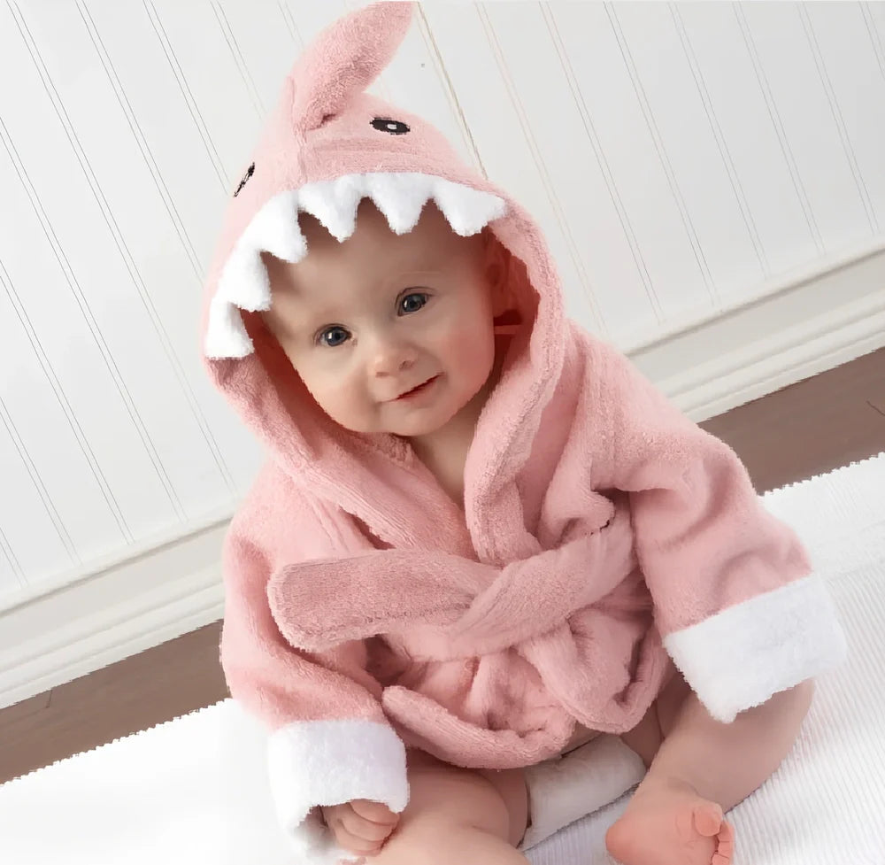 Children's hooded absorbent bathrobe in mouse pattern, cotton fabric, size S 47cm length for 0-18 months