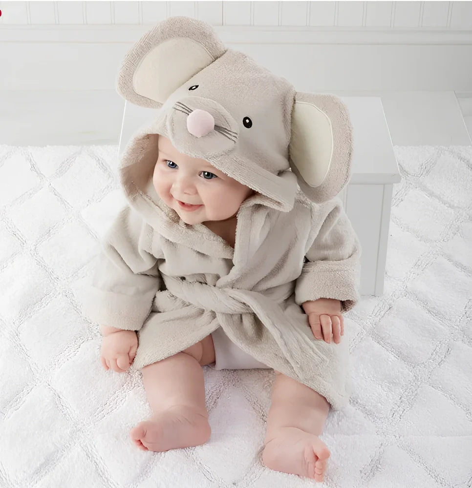 Children's hooded absorbent bathrobe in mouse pattern, cotton fabric, size S 47cm length for 0-18 months