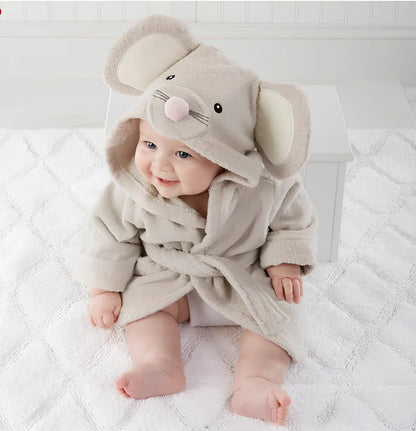 Children's hooded absorbent bathrobe in mouse pattern, cotton fabric, size S 47cm length for 0-18 months