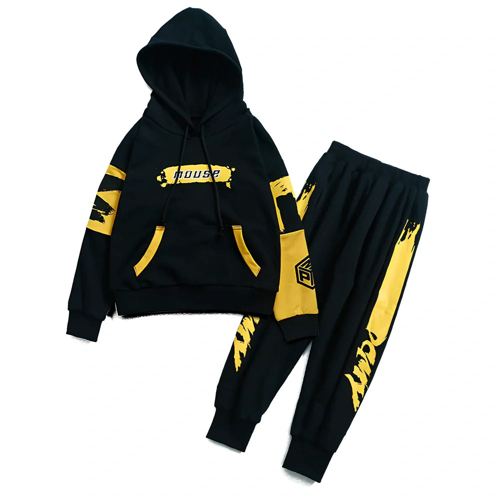 Boy's black hooded cotton sports suit two sets, long sleeve pullover top and trousers, 95% cotton for ages 8+