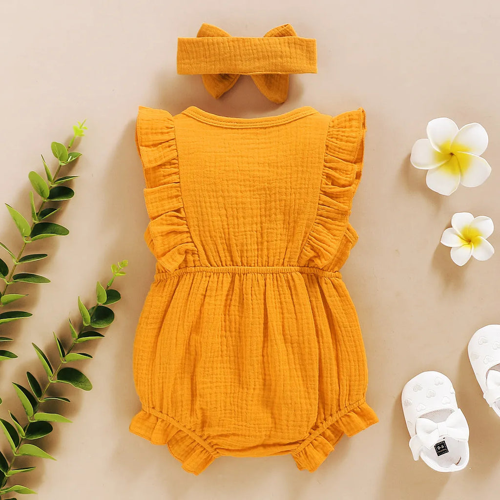Lace sleeve double-sided ruffled triangle romper for baby girls in summer 95% cotton bodysuit