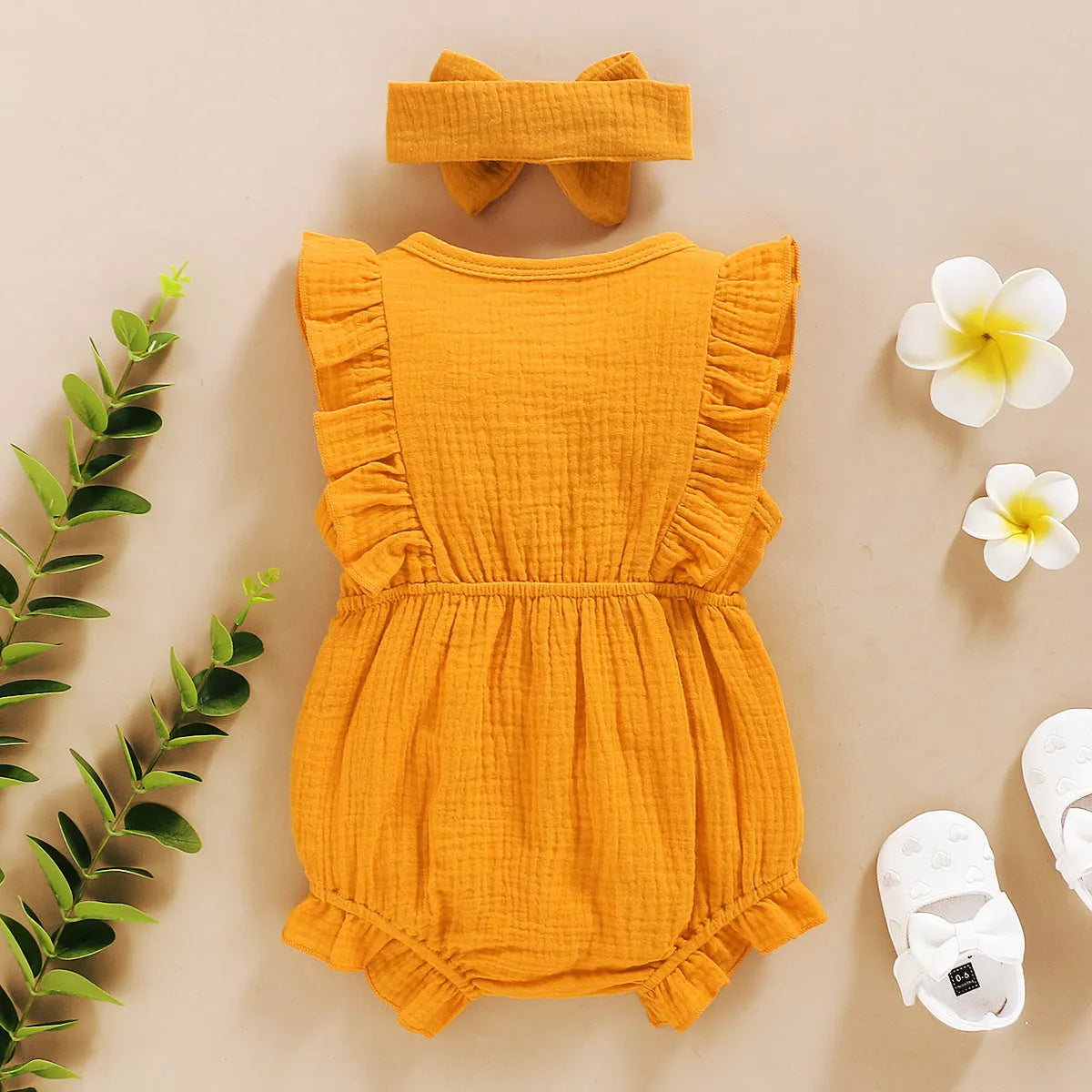 Lace sleeve double-sided ruffled triangle romper for baby girls in summer 95% cotton bodysuit