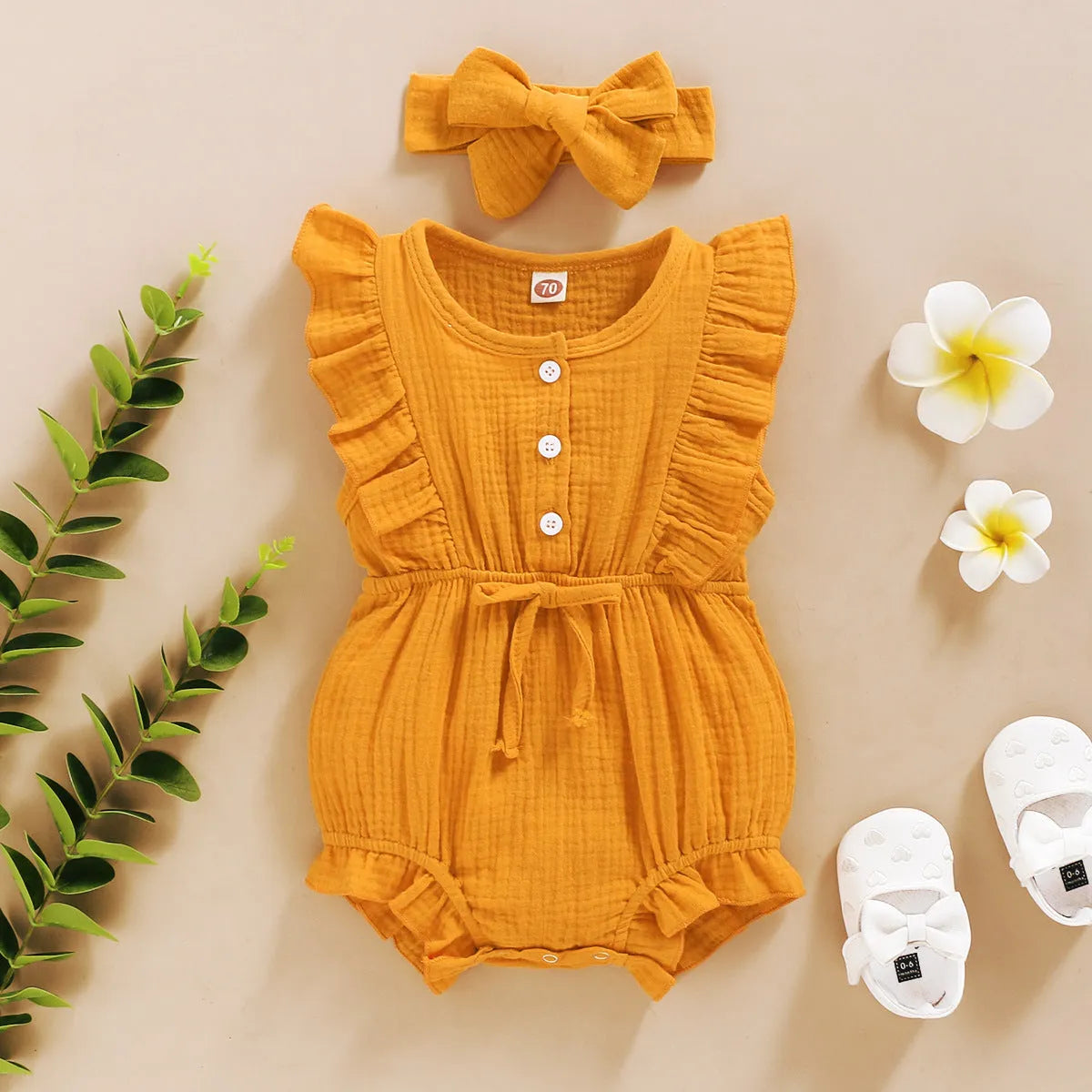 Lace sleeve double-sided ruffled triangle romper for baby girls in summer 95% cotton bodysuit