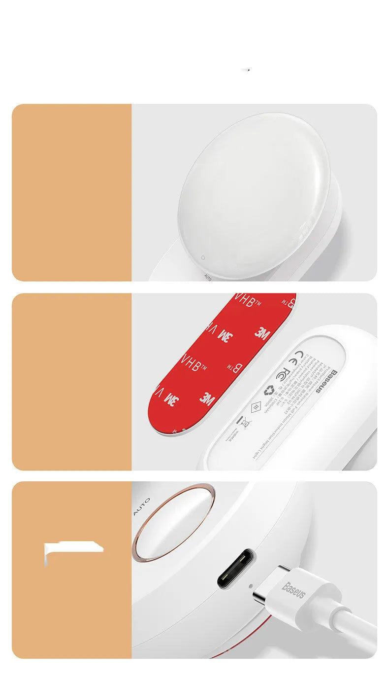 White Baseus Full Moon rechargeable LED sensor night light on a surface.