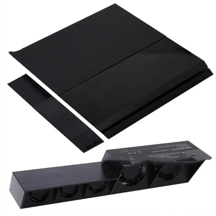 Black PS4 host turbo fan with dual DC5V cooling fans and temperature control, includes AC adapter