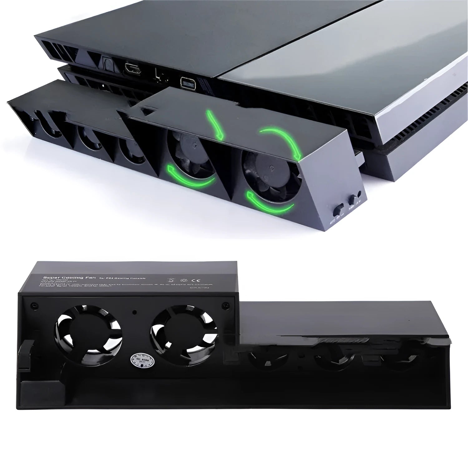 Black PS4 host turbo fan with dual DC5V cooling fans and temperature control, includes AC adapter