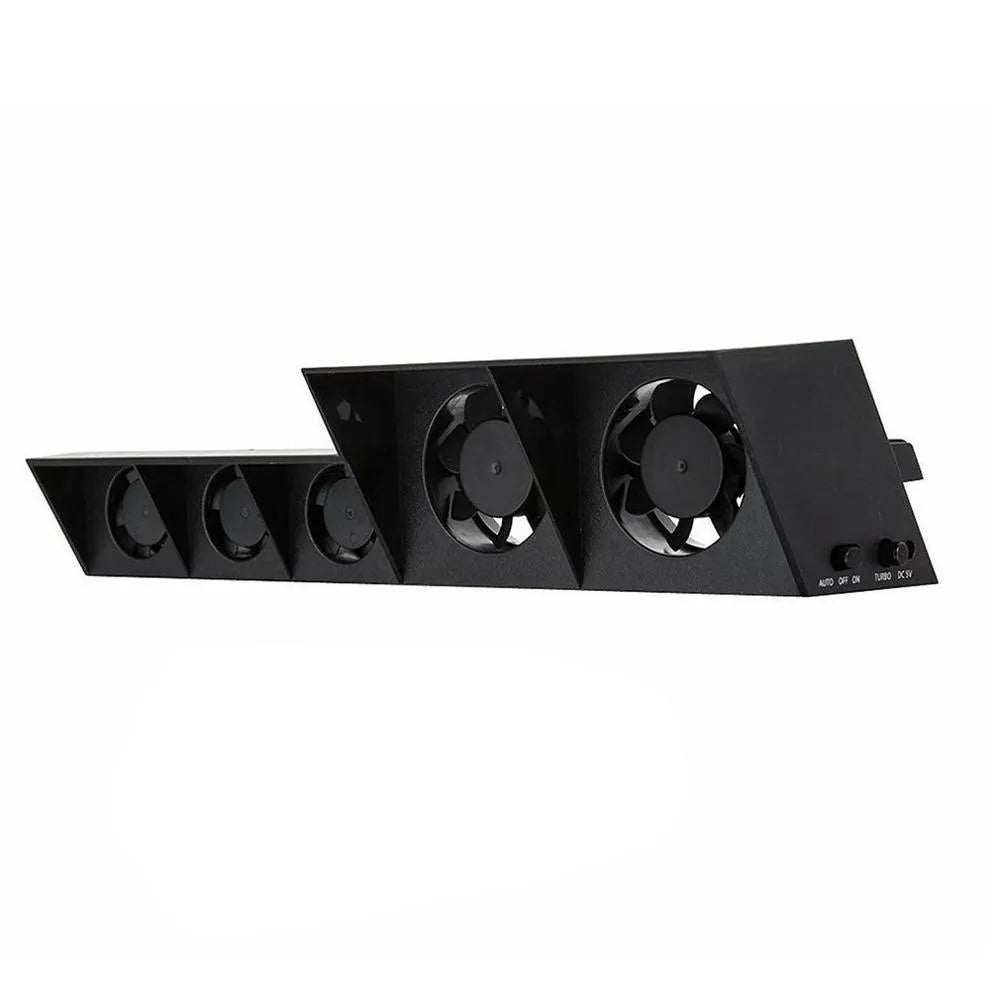 Black PS4 host turbo fan with dual DC5V cooling fans and temperature control, includes AC adapter