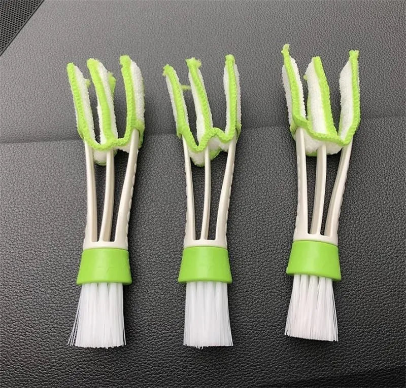 Green ABS dust removal brush with soft bristles and microfiber cover for car air vent cleaning
