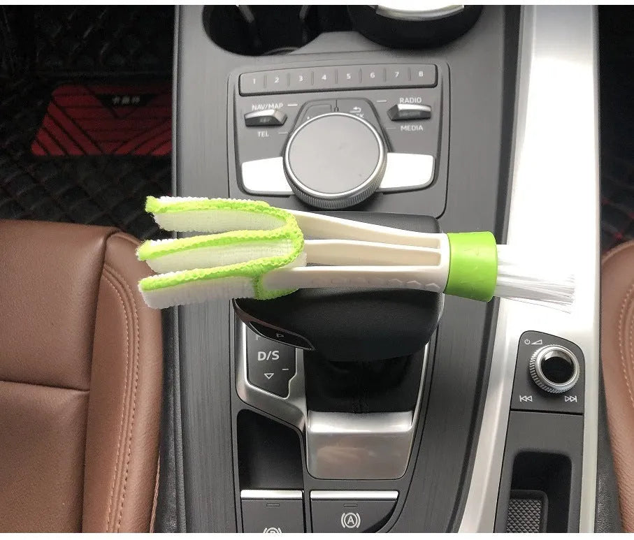 Green ABS dust removal brush with soft bristles and microfiber cover for car air vent cleaning