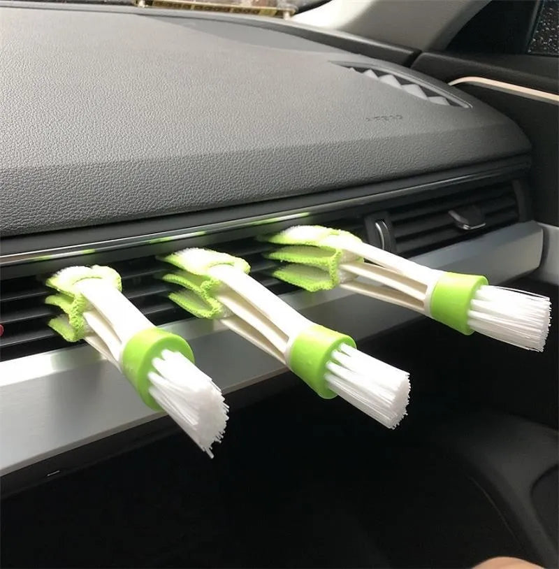 Green ABS dust removal brush with soft bristles and microfiber cover for car air vent cleaning
