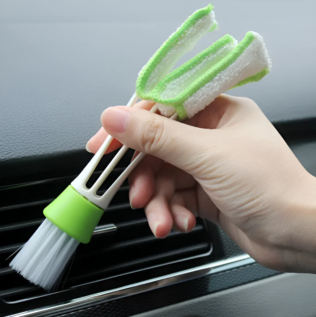 Green ABS dust removal brush with soft bristles and microfiber cover for car air vent cleaning