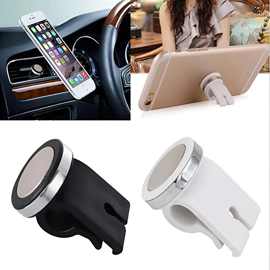 Mini white magnetic car phone holder clipped on car air vent showing compact 3cm size