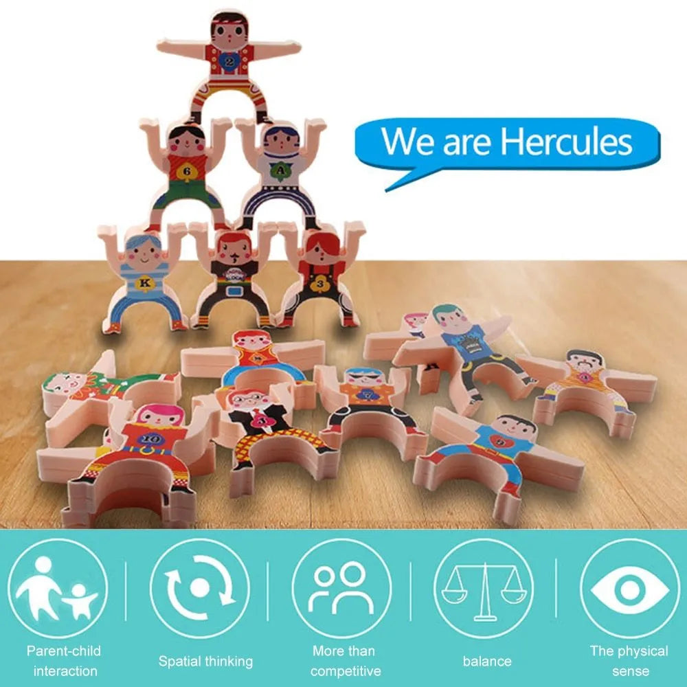 16 colourful Hercules plastic building blocks stacked in a balance tower with interlocking hands