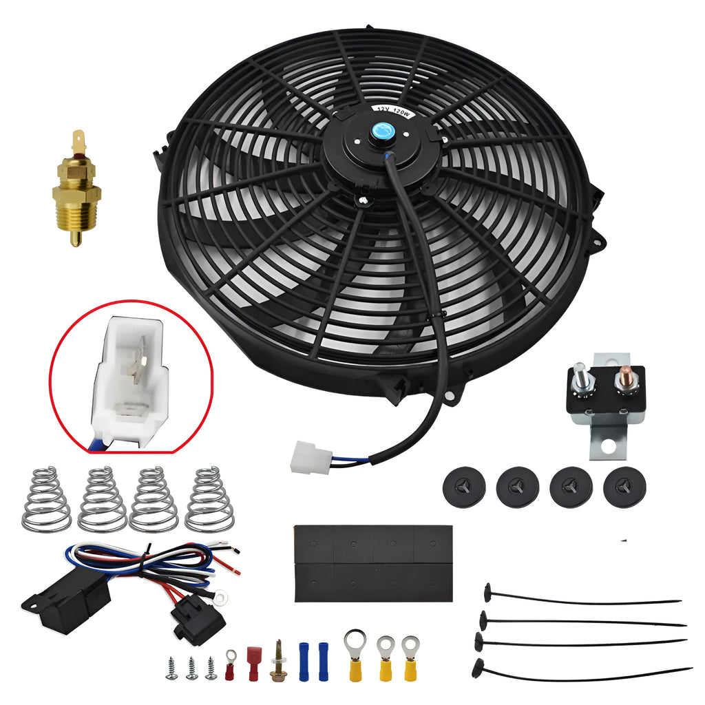 Black universal 15-inch radiator cooling fan with plastic blades and steel motor mounted on a car radiator with thermostat kit