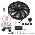 Black universal 15-inch radiator cooling fan with plastic blades and steel motor mounted on a car radiator with thermostat kit