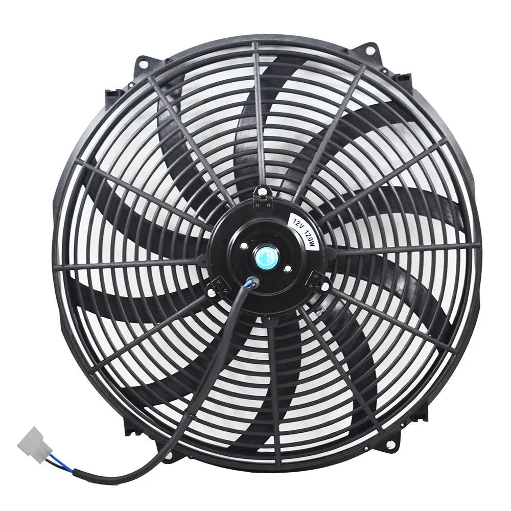 Black universal 15-inch radiator cooling fan with plastic blades and steel motor mounted on a car radiator with thermostat kit