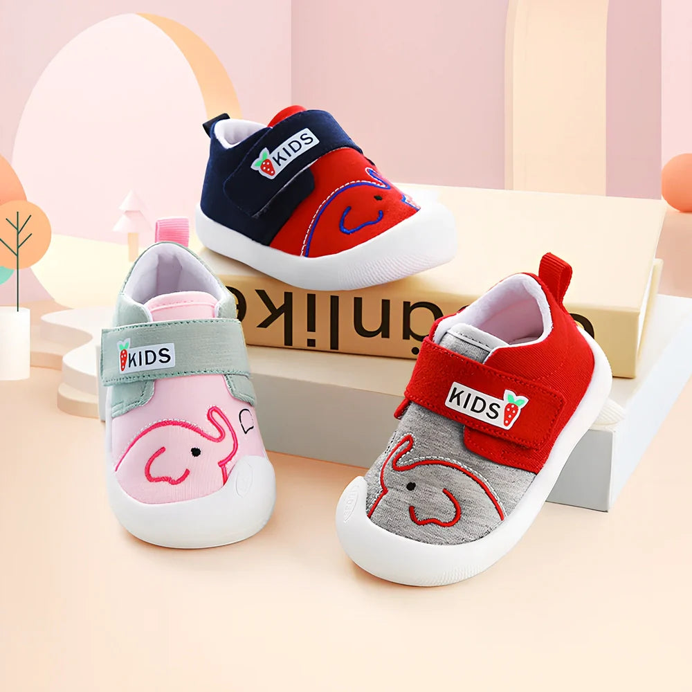 Toddler non-slip soft sole shoes in grey elephant print, cotton upper, Velcro, inner length 11.5-14.5cm for boys girls