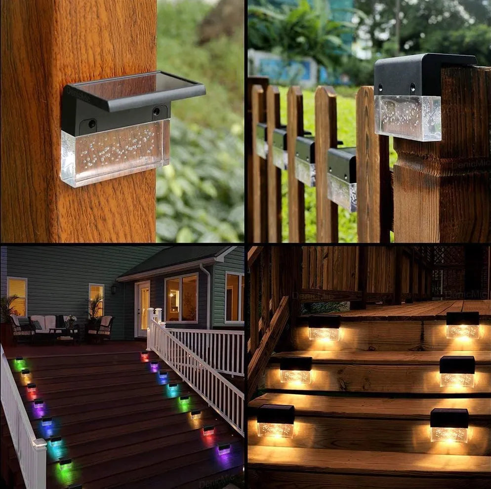 IP65 waterproof solar step light with crystal-like amber cover and RGB LED on a garden path