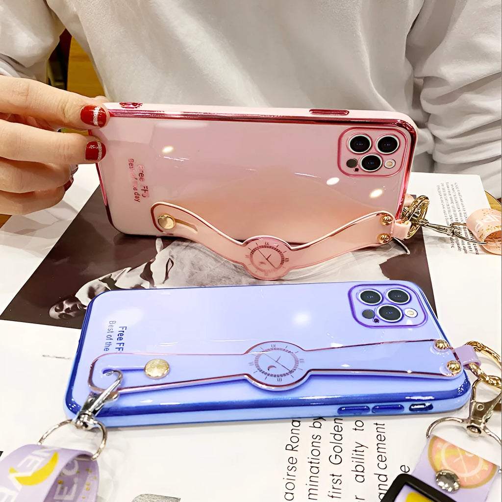 Electroplated TPU mobile phone case with wristband in pink for iPhone, all-inclusive back cover with precise cutouts