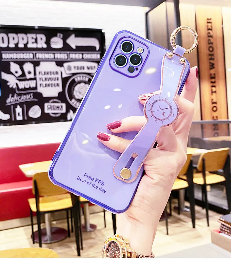 Electroplated TPU mobile phone case with wristband in pink for iPhone, all-inclusive back cover with precise cutouts