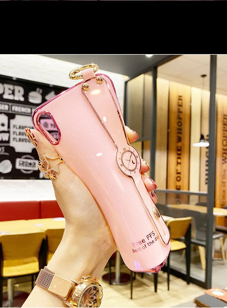 Electroplated TPU mobile phone case with wristband in pink for iPhone, all-inclusive back cover with precise cutouts