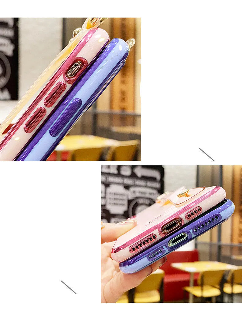 Electroplated TPU mobile phone case with wristband in pink for iPhone, all-inclusive back cover with precise cutouts
