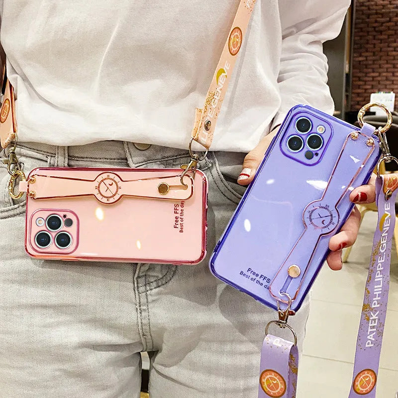 Electroplated TPU mobile phone case with wristband in pink for iPhone, all-inclusive back cover with precise cutouts