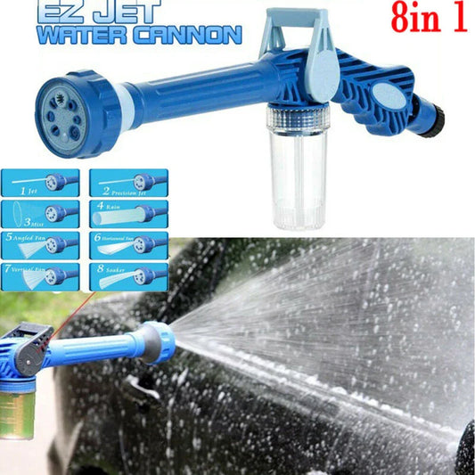 8 in 1 EZ Jet Water Cannon Dispenser Spray Gun in blue with adjustable spray patterns