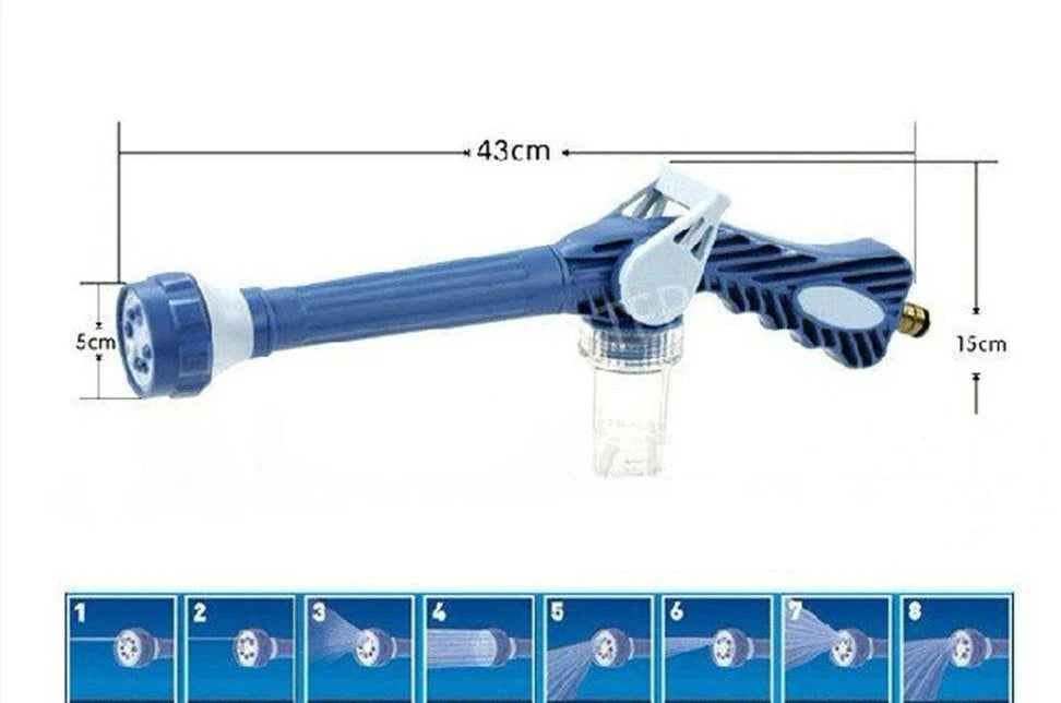 8 in 1 EZ Jet Water Cannon Dispenser Spray Gun in blue with adjustable spray patterns