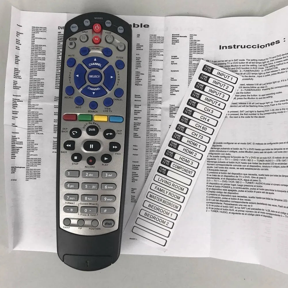 Black flat DISH Network universal remote control for satellite receiver and DVD player.