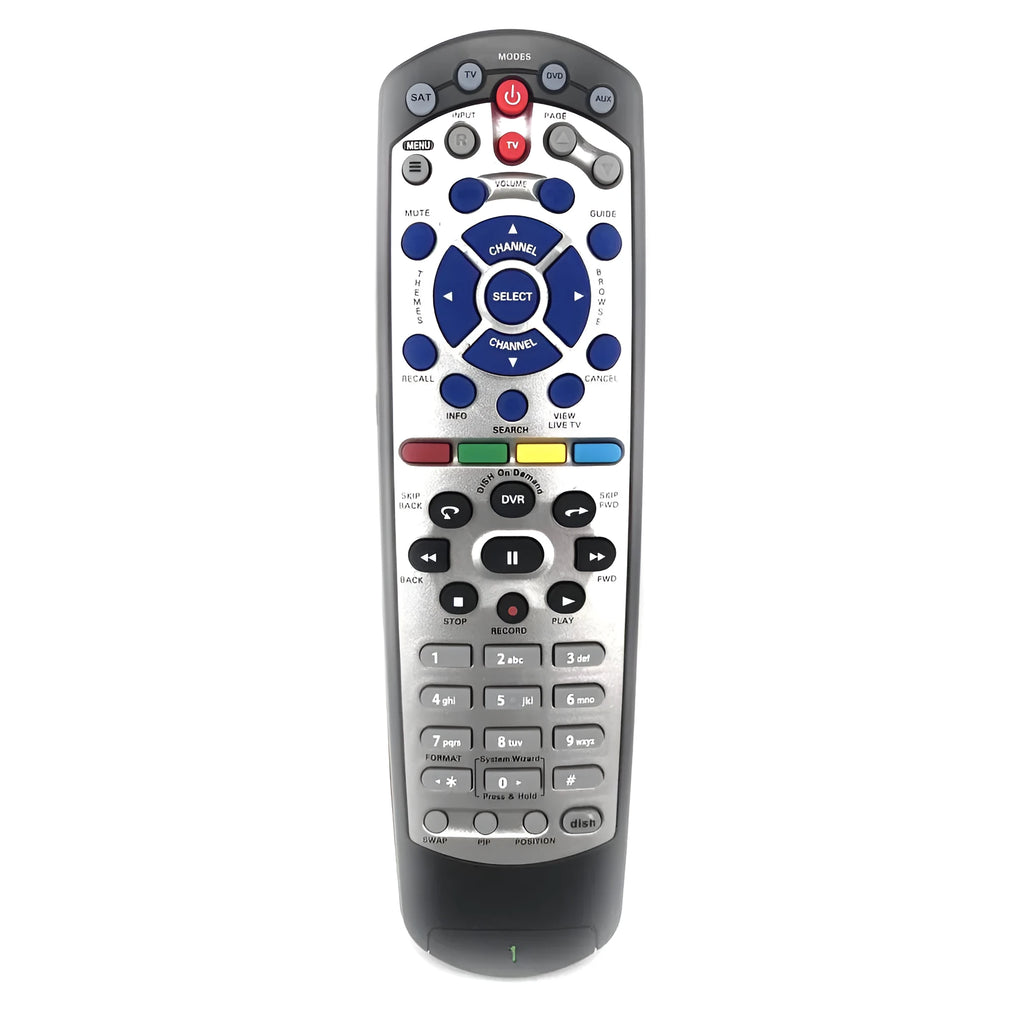 Black flat DISH Network universal remote control for satellite receiver and DVD player.