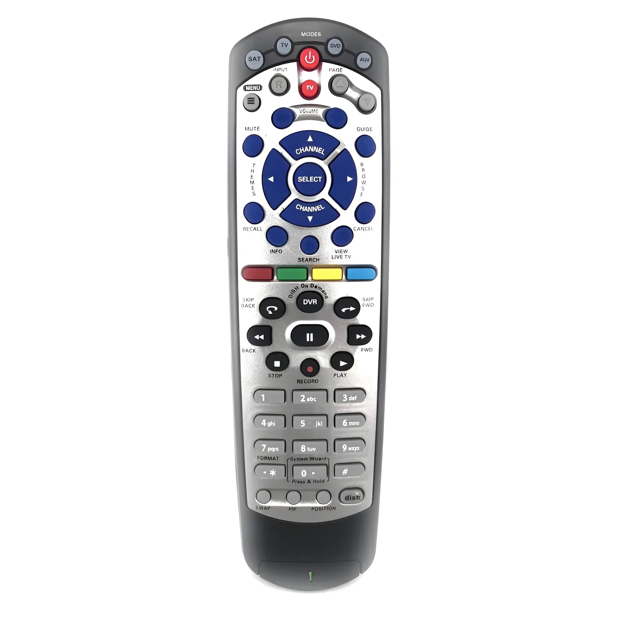 Black flat DISH Network universal remote control for satellite receiver and DVD player.