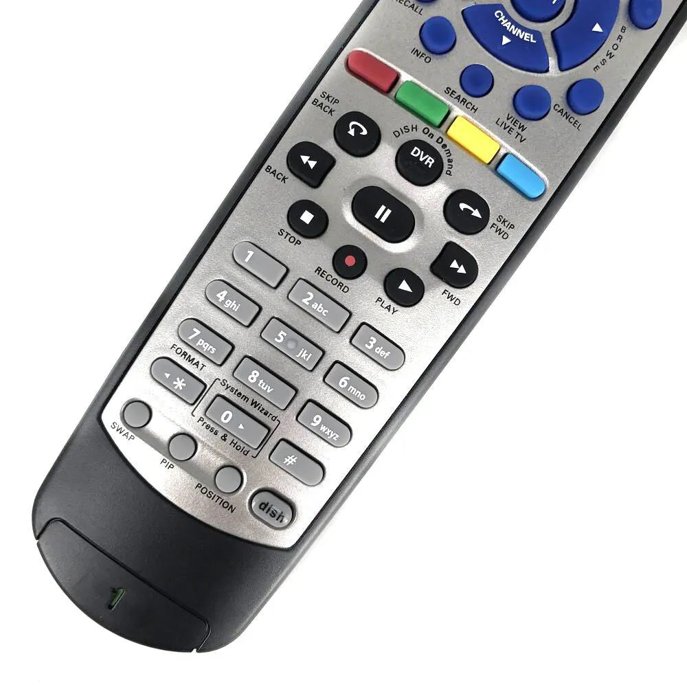 Black flat DISH Network universal remote control for satellite receiver and DVD player.