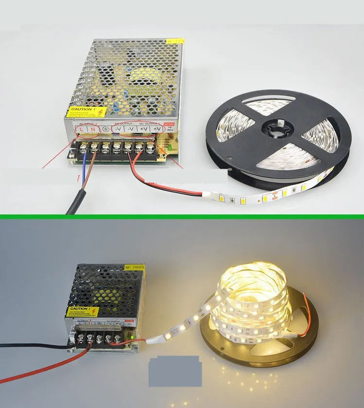 Close-up of a flexible LED strip light with closely spaced white SMD chips, showing its construction.