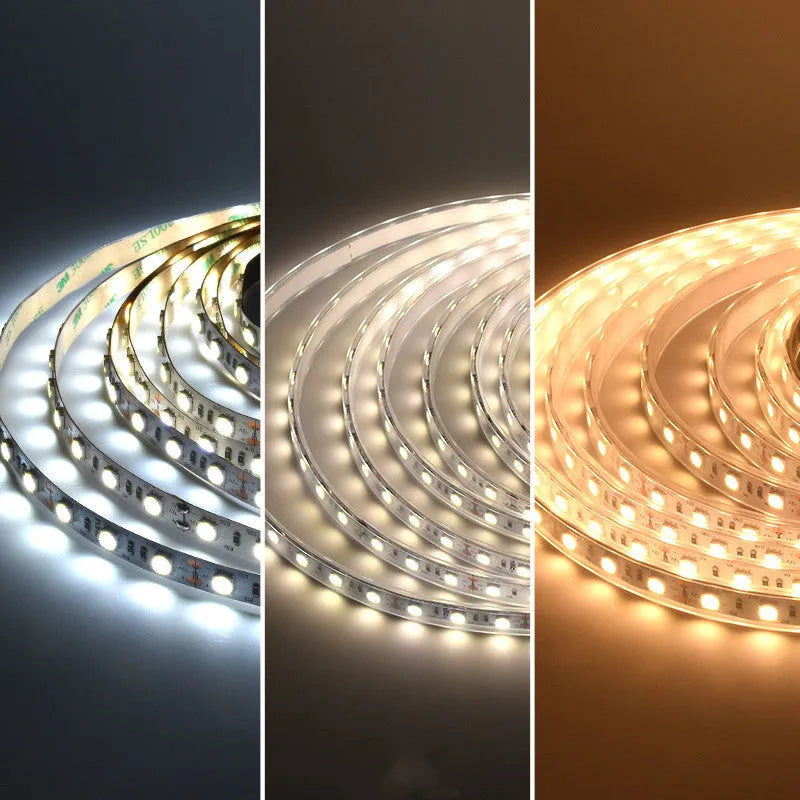 Close-up of a flexible LED strip light with closely spaced white SMD chips, showing its construction.
