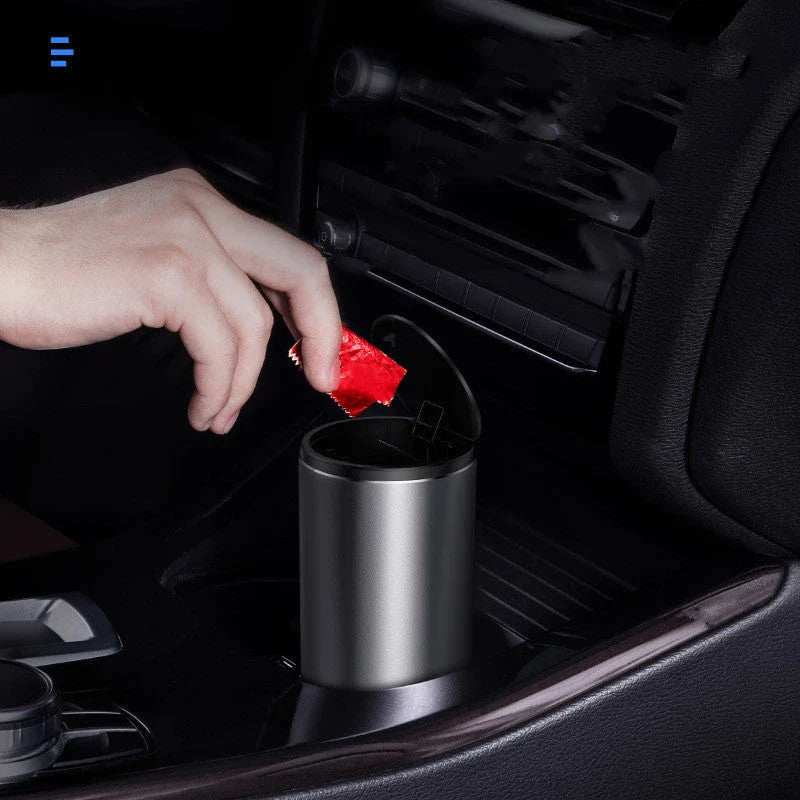 Alloy Car Trash Bin in black and dark grey with 500mL capacity and odor control