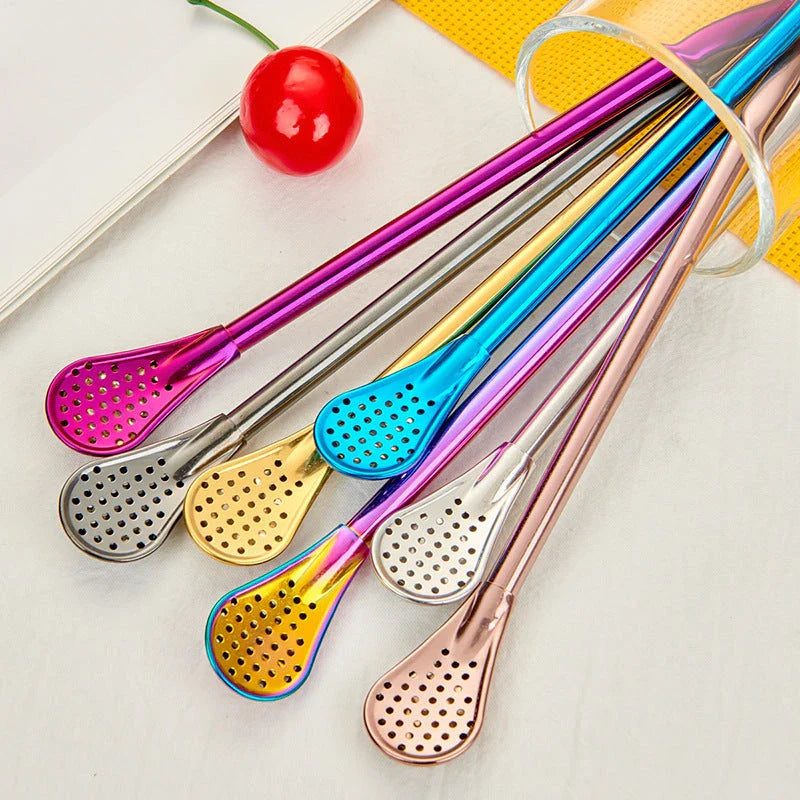 Stainless steel stirring spoon with integrated filter straw in various colours