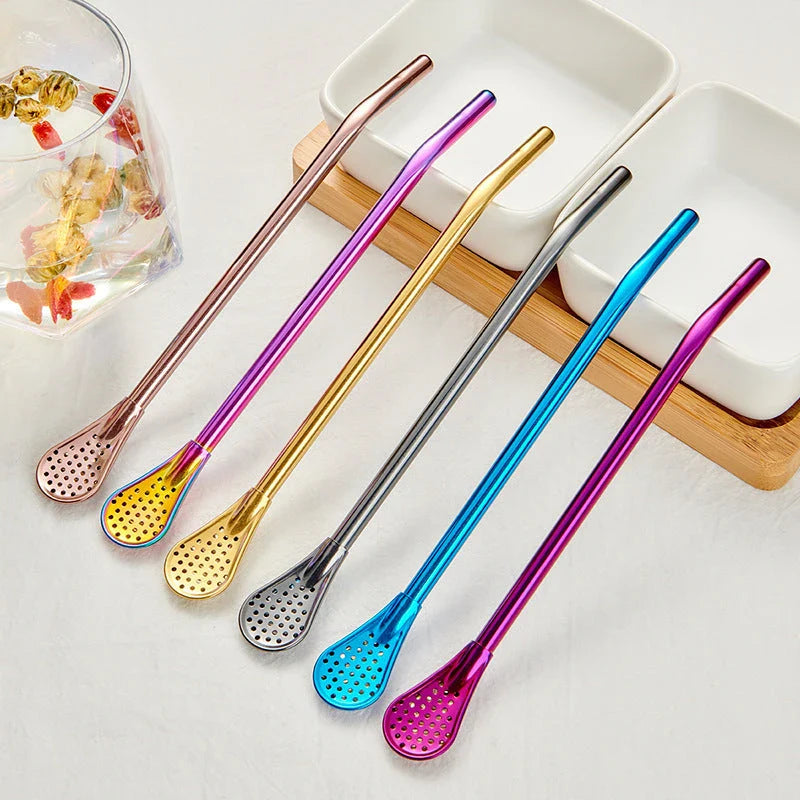 Stainless steel stirring spoon with integrated filter straw in various colours