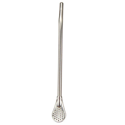 Stainless steel stirring spoon with integrated filter straw in various colours