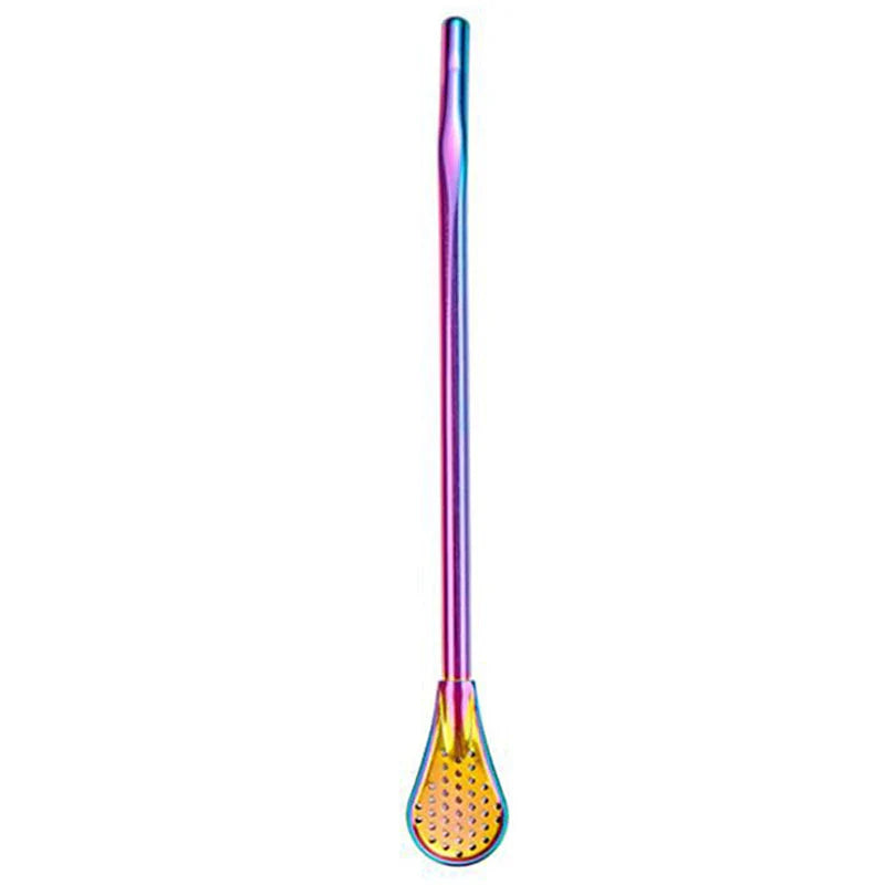 Stainless steel stirring spoon with integrated filter straw in various colours
