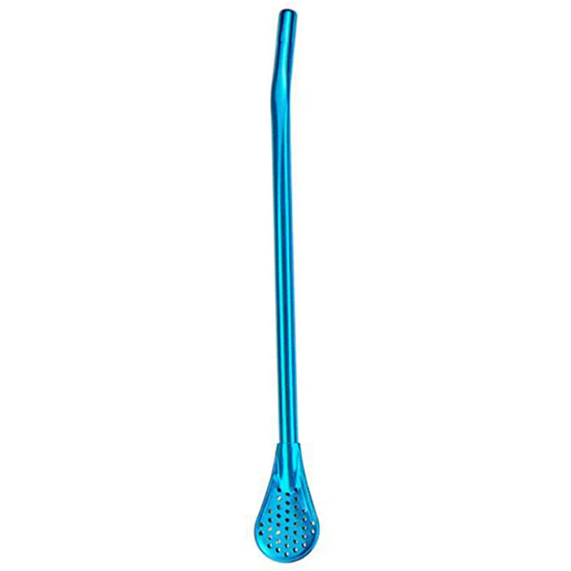 Stainless steel stirring spoon with integrated filter straw in various colours