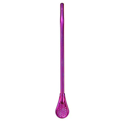 Stainless steel stirring spoon with integrated filter straw in various colours