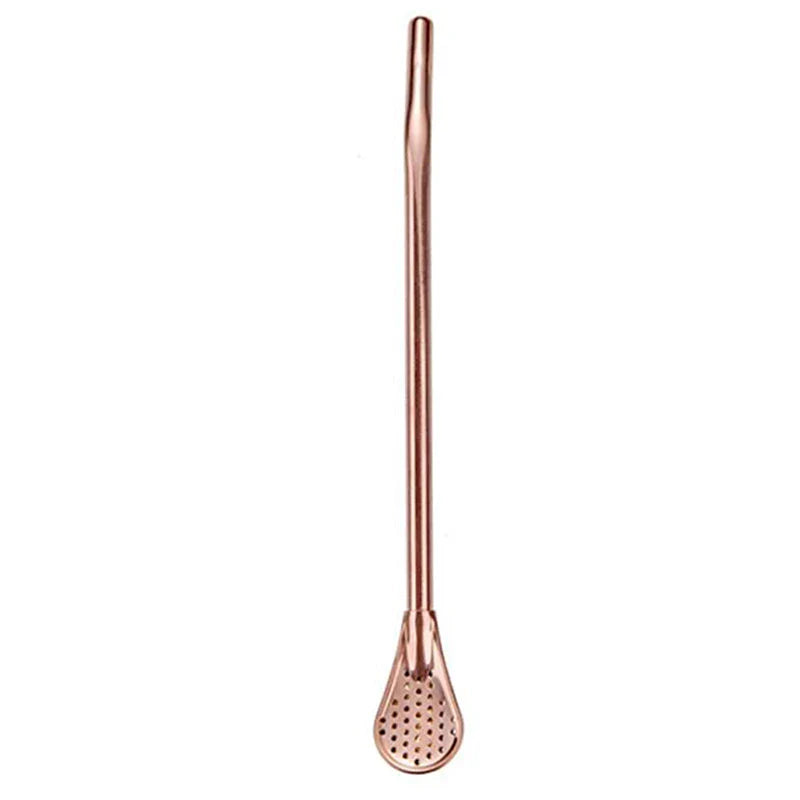 Stainless steel stirring spoon with integrated filter straw in various colours