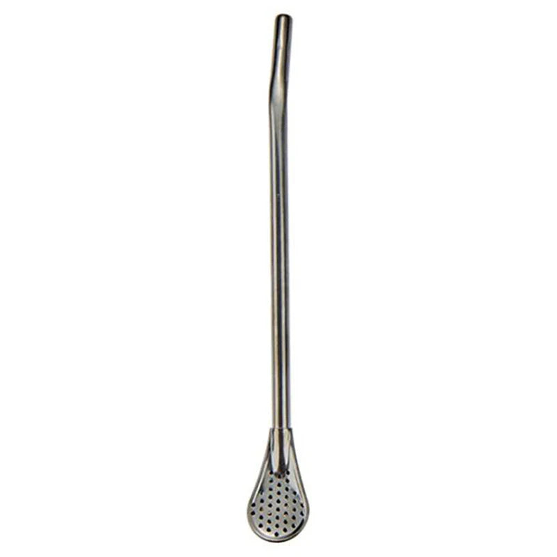 Stainless steel stirring spoon with integrated filter straw in various colours