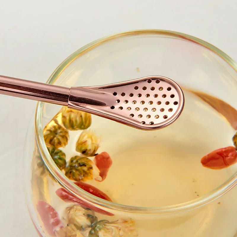 Stainless steel stirring spoon with integrated filter straw in various colours