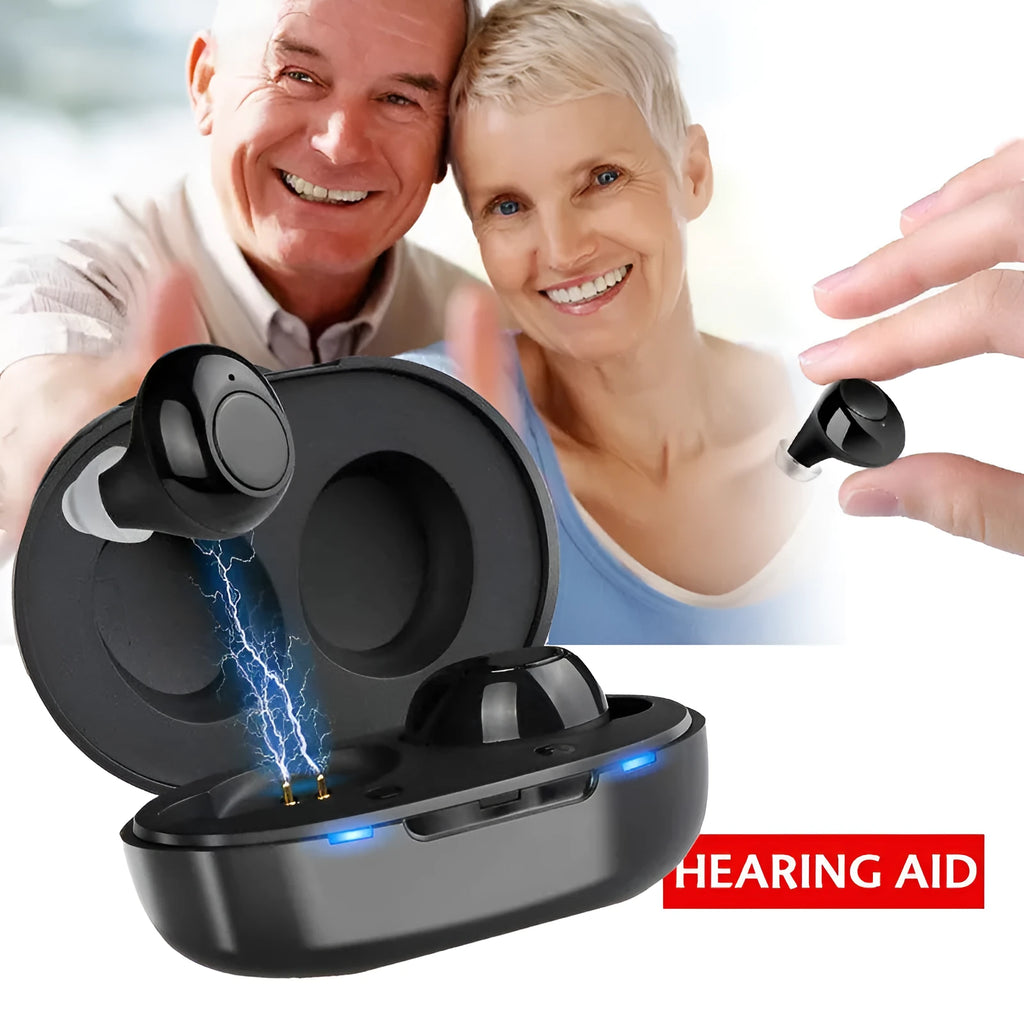 Yellow plastic hearing aid earpiece with ear tip, on-ear charging type, for sound amplification