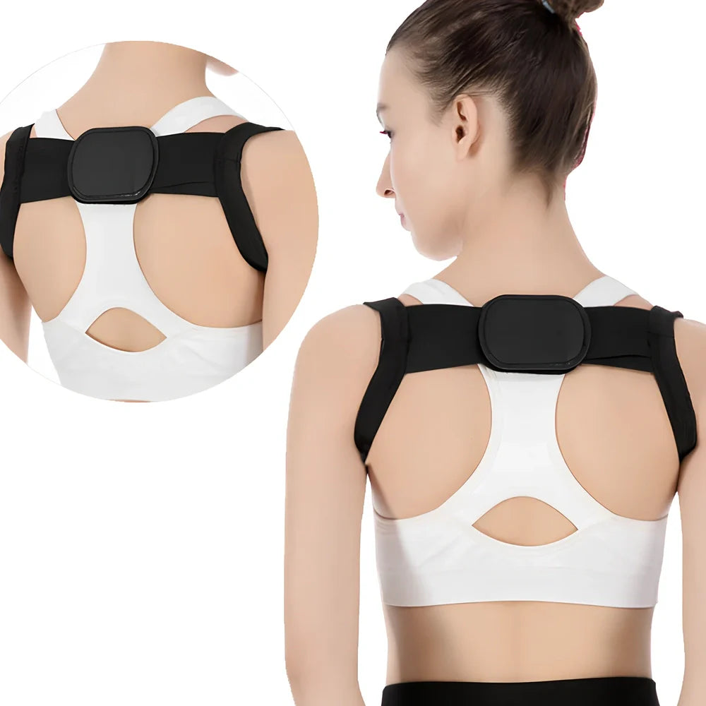 Adjustable spandex back posture corrector in black, supporting spine alignment for adults and children, sizes S to 2XL